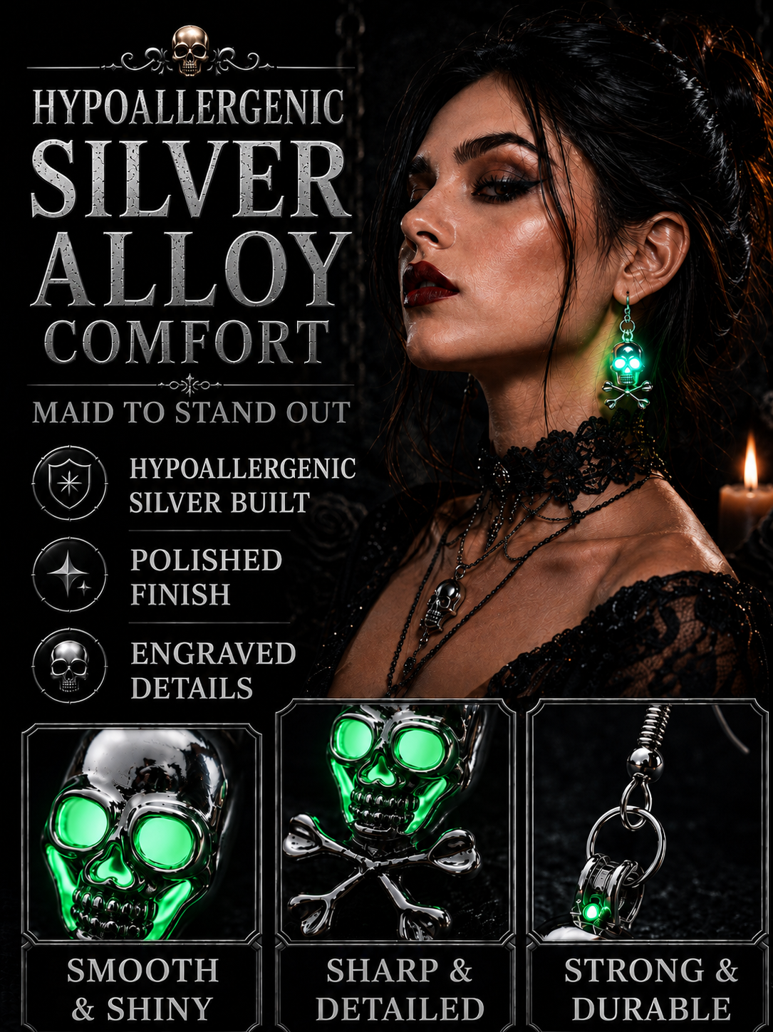 Next2Comfort™ NightPhantom Dark Glowing Skull Earrings